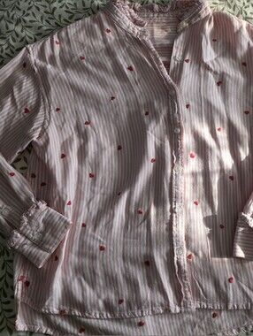 Pink Striped Button-Down Shirt with Red Heart Embroidery